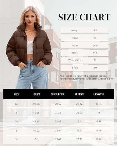 URMOSS Women's Cropped Puffer Jacket Long Sleeve Puffy Coat Winter Lightweight Stand Collar Button Down Zip Up Quilted Padded Outwear with Pockets Brown XL - Image 6