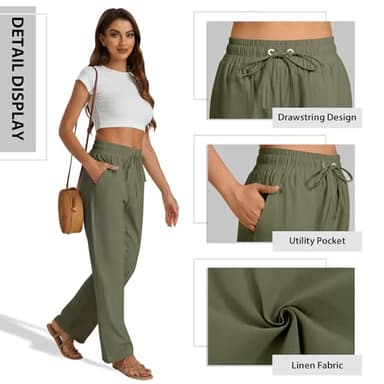 SEMARO Womens Casual Linen High Waist Pants Drawstring Loose Fit Summer Pants Trousers with Side Pockets Army Green - Image 6