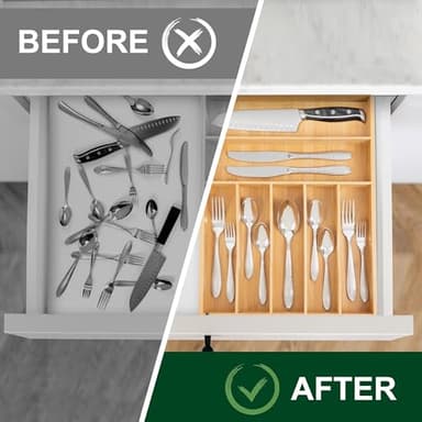 Bellsal Natural Utensil Organizer 12.5 Inch Silverware Organizer for Drawer Utensil Holder Cutlery Organizer Kitchen Drawer Organizer 7 Compartment Small Narrow Bamboo - Image 6