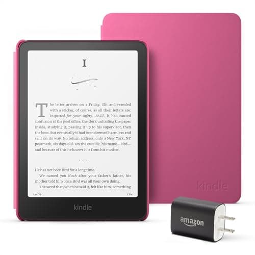 Kindle Paperwhite Essentials Bundle including All-new Kindle Paperwhite (16GB) - Raspberry, Plant-Based Leather Cover - Raspberry, and Power Adapter - Image 1