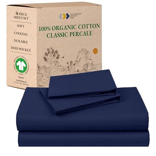 California Design Den California King Sheet Set - Soft 100% Organic Bed Sheets with Deep Pockets, Crisp Percale, Breathable and Durable Bedding Set - Navy Blue - Image 1