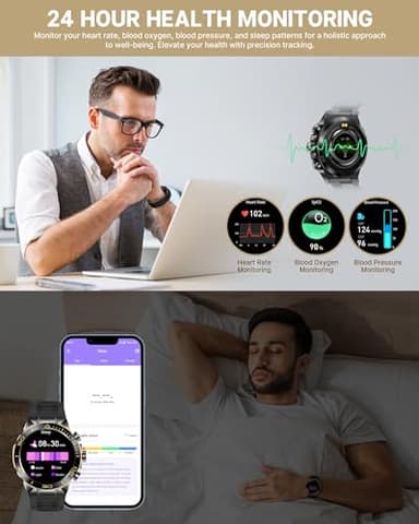 Smart Watch for Men Answer/Make Call for Android iPhone, 1.43" AMOLED HD Screen Mens Luxury Watch, 400mAh Heavy Duty Smartwatch Heart Rate Blood Oxygen Blood Pressure Sleep Monitor Pedometer, 2 Straps - Image 6