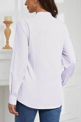 HOCAIES Women's Mandarin Collar Striped Button Down Shirts Business Casual Tops Collar Work Dress Shirt Slim Fit Blouse (Large, HS_Purple) - Image 2
