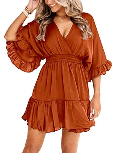 Aoysky Womens V Neck Casual Dresses Summer Loose High Waist Ruffle Pleated Cute Mini Short Dress Orange Brown - Image 1