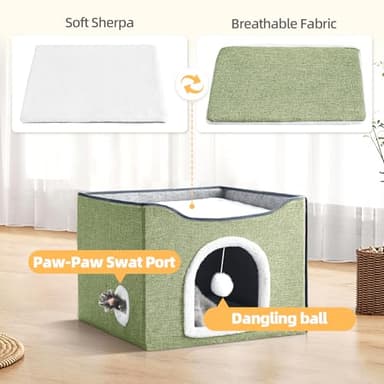 Purr&Knead Cat Bed for Indoor Cats with Large Replaceable Scratch Pad, Cat Cave with Hanging Toy Ball, Foldable Cat Hideaway, Covered Cat Bed Cave for Cat House(Green) - Image 5
