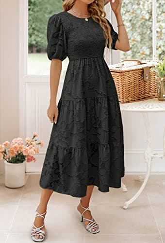 ZESICA Women's 2025 Summer Short Puff Sleeve Crewneck Smocked Floral Lace Flowy A Line Tiered Maxi Dresses,Black,XX-Large - Image 7