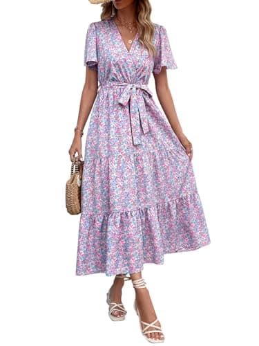 MASCOMODA Womens Summer Boho Maxi Dress Floral Wrap V Neck Flutter Short Sleeve Tie Waist A Line Tiered Flowy Long Dresses(Blue and Pink,Large) - Image 1