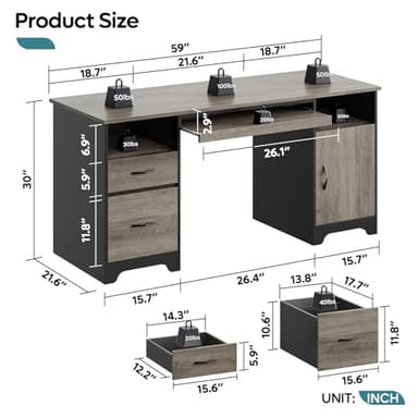 Bestier 59” Executive Desk with 2 Drawers, Computer Desk with Storage Cabinet, Industrial Wood Desk with File Drawer, Keyboard Tray & 2 Pedestals for Home Office & Studio, Gray - Image 2