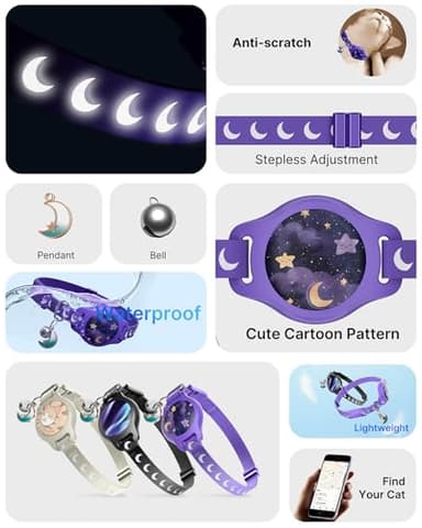 Cat Collar with Airtag Holder, Breakaway Airtag Cat Collar for Apple Air Tag with Luminous & Reflective Pattern, Waterproof GPS Cat Tracker Collars for Boy Girl Cats Kittens with Bell, Purple (8-12") - Image 3