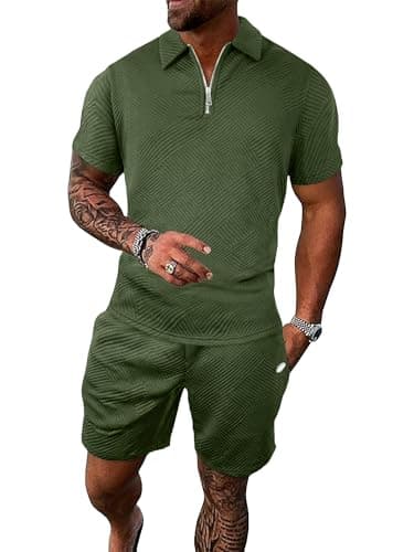 PLEPAN Two Piece Summer Sets for Men Golf Tracksuit 2 Piece Outfits Casual Polo Shirts and Shorts workout sets Army Green XL - Image 1