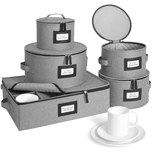 BALEINE China Storage Containers, Sturdy Quilted Wine Glass Storage, Plate Organizer with Carry Handles, Moving Boxes for Dishes, Cups, Mugs and Stemware (Plate Mug Combo, Hard Shell Grey) - Image 1