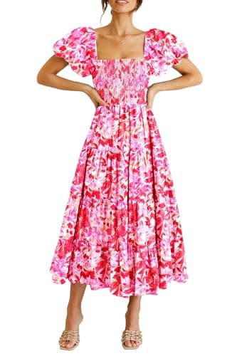 PRETTYGARDEN Women's Casual Summer Midi Dress Puffy Short Sleeve Square Neck Smocked Tiered Ruffle Dresses (Floral Rose Red,Medium) - Image 1