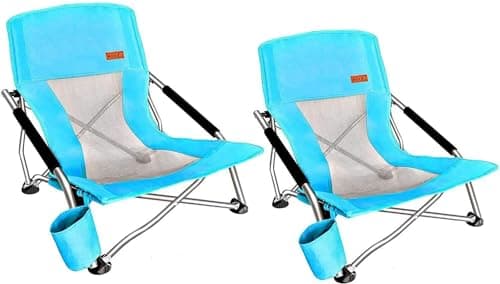 Nice C Adults Low Beach Chair, Sling, Folding, Portable, Concert, Kids, Boat, Sand Chair with Cup Holder & Carry Bag (2 Pack of Blue) - Image 1