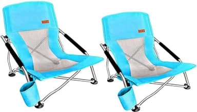Nice C Adults Low Beach Chair, Sling, Folding, Portable, Concert, Kids, Boat, Sand Chair with Cup Holder & Carry Bag (2 Pack of Blue) - Image 1