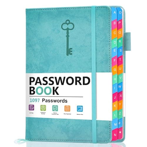 hi!SCI Password Keeper Book with Colorful Alphabetical Tabs, Hardcover Password Log-book for Internet Password and Website Address, 5.8"×8.4" Password Notebook for Home Office (Turquoise, Medium (5.8 x 8.4 Inch)) - Image 1