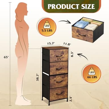 WLIVE Dresser with 4 Drawers, Fabric Storage Tower, Organizer Unit for Bedroom, Hallway, Entryway, Closets, Sturdy Steel Frame, Wood Top, Easy Pull Handle, Rustic Brown Wood Grain Print - Image 3