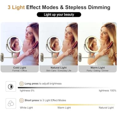 9" Wall Mounted Lighted Makeup Mirror,4000mAh Rechargeable Double Sided 1X/10X Magnifying Mirror with Light,3 Color Lights,Touch Dimmable,Extended Arm 360 Rotation Wall Mounted Makeup Mirror - Image 6