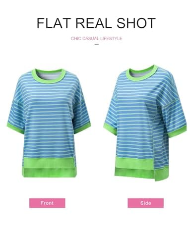 SHEWIN Shirts for Women 2025 Loose Short Sleeve Sweatshirt Cute Womens Summer Tops Dressy Casual Crewneck Color Block Tee Shirt Trendy Spring Outfits Sky Blue Stripe XL - Image 5
