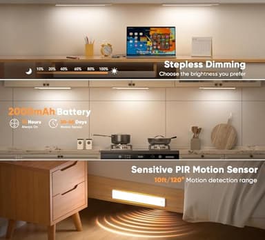 Under Cabinet Lighting,3 Color Temperatures Motion Sensor Light Indoor 2 Pack, USB Rechargeable Battery Operated Closet Lights, Wireless Dimmable LED Cabinet Lights, Under Counter Light for Kitchen - Image 2