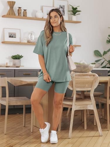 AUTOMET Womens Summer Outfits for 2025 2 Piece Sets Two Piece Lounge Set Matching Clothing Oversized Tshirts Biker Short Fashion LightGreen L - Image 3
