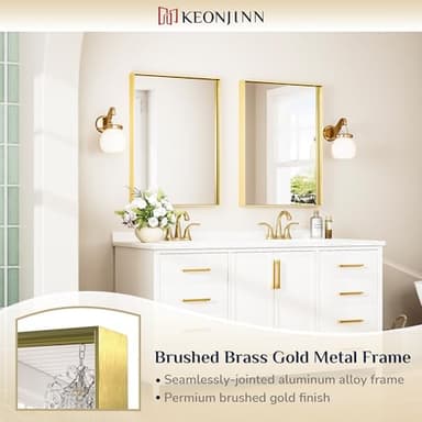Keonjinn Brushed Shiny Gold Bathroom Mirror 22 x 30 Inch, Rectangle Gold Vanity Mirror for Wall, Aluminum Alloy Metal Framed, Modern Farmhouse, Square Corner, Brass Mirrors for Over Sink - Image 7