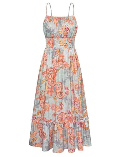 Women's Summer Dress Sleeveless Smocked Floral Boho Tiered Ruffle Flowy Long Maxi Dresses with Pockets Blue Paisley Floral XXL - Image 1