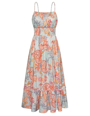 Women's Summer Dress Sleeveless Smocked Floral Boho Tiered Ruffle Flowy Long Maxi Dresses with Pockets Blue Paisley Floral XXL - Image 1