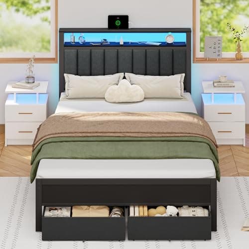 Furnulem Full Size Bed Frame with Charging Station and LED Lights, Grey Upholstered Headboard with Shelves, Metal Platform Bed with 2 Under-Bed Storage (Fabric Drawer on Wheels), No Box Spring Needed - Image 1