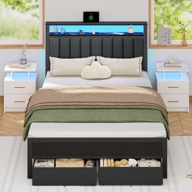 Furnulem Full Size Bed Frame with Charging Station and LED Lights, Grey Upholstered Headboard with Shelves, Metal Platform Bed with 2 Under-Bed Storage (Fabric Drawer on Wheels), No Box Spring Needed - Image 1