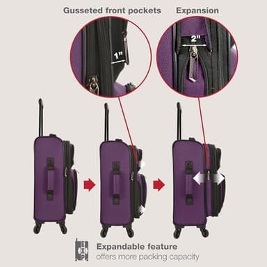 U.S. Traveler Rio Lightweight Softside Rolling Carry-on Suitcase, 4-Wheel Set, Purple - Image 6