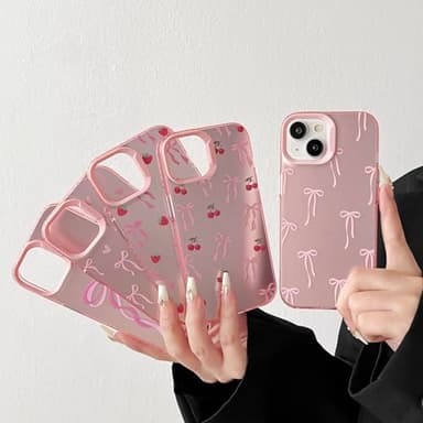 ZTOFERA for iPhone 14 Plus/15 Plus Case,Cute Pink Ribbon Bow Tie Planet Star Floral Aesthetic Phone Case,Trendy Slim Hard IMD Shockproof Protective Bumper Phone Cover for Women Girls,Cherry - Image 7