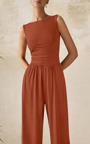 PRETTYGARDEN One Piece Jumpsuits for Women Dressy Casual Sleeveless Crewneck Wide Leg Rompers Jumpers 2025 Vacation Summer Outfits(Brick Red, M) - Image 3