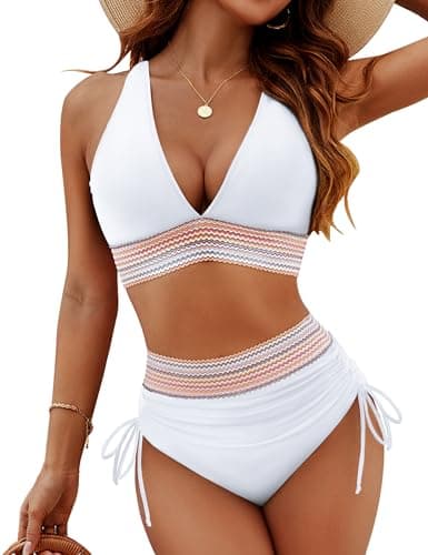 Blooming Jelly Womens High Waisted Bikini Sets Color Block Tummy Control Bathing Suit 2 Piece Swimsuits 2024 (S, White) - Image 1
