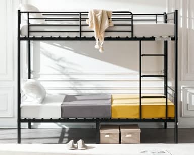 VINGLI Bunk Bed Twin Over Twin for Kids, Teens & Adults Bunk Bed with Stairs & Flat Rungs, Heavy Duty Metal Slats, No Box Spring Needed, Black - Image 3