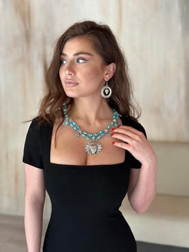 Montana West Wrangler Chunky Turquoise Carved Pendant Jewelry Set for Women Cowgirl Western Statement Necklace Earring - Image 3