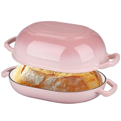 VORRINGARD Enameled Cast Iron Sourdough Bread Oven, Dutch Oven, Loaf Cast Iron Bread Pan for Homemade Bread Baking, Meatloaf Pan with Lid, 7QT, Pink - Image 1