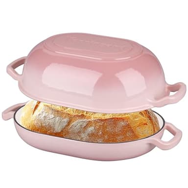 VORRINGARD Enameled Cast Iron Sourdough Bread Oven, Dutch Oven, Loaf Cast Iron Bread Pan for Homemade Bread Baking, Meatloaf Pan with Lid, 7QT, Pink - Image 1