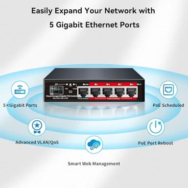 Poe Switch, 5 Port Gigabit PoE+ Switch, Cloud Managed Gigabit Ethernet Switch, 4 Poe Ports @52W, 1 Uplink Ports, 1 SFP Slot, APP Smart Managed, Overload Protection w/ Port - Image 9