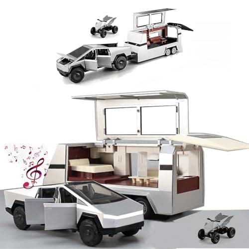 Toy Car Alloy Diecast Truck Model with Motorcycle ATV RV with Sound and Light Eddect Race Car Display Model 1/32 Metal Vehicle 3-in-1 Camping Car Set Ideal Gift for Kid Age for 3+(Silver) - Image 1