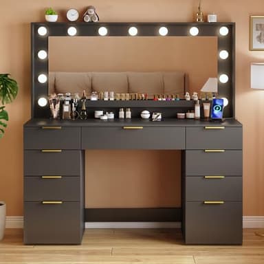 ALEXNUTRE Vanity Desk with Large Mirror and Lights, 45.3in Makeup Vanity with Power Outlet 9 Drawers & Storage, 3 Lighting Color Adjustable, Black - Image 7