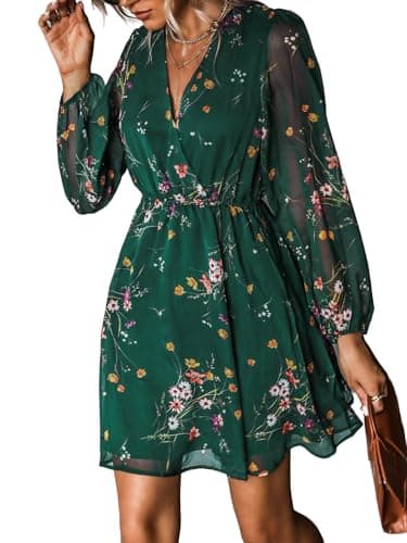 CUPSHE Women's Mini Dress Floral Print V Neck Long Peasant Sleeves Chiffon A-Line Flowy Short Dress Green, M - Image 1