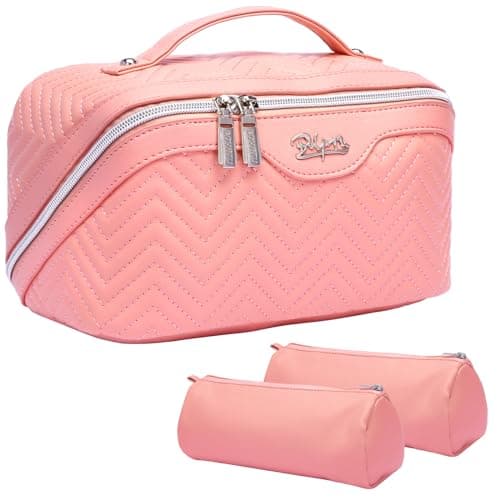 Travel Makeup Bags Cosmetic Organizer Bag: Quilted Make up Bag Set of 3 - PU Leather Toiletry Bags for Women - Portable Makeup Organizer with Compartments & Handle & Divider (14-Pink) - Image 1
