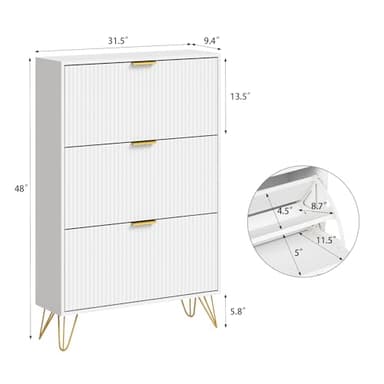 NOVAMAISON Slim Shoe Cabinet with 3 Flip Drawers, Fluted Shoe Cabinet Storage for Entryway, Narrow Shoe Storage Cabinet, Modern Freestanding Shoe Rack Organizer for Entryway, White - Image 2