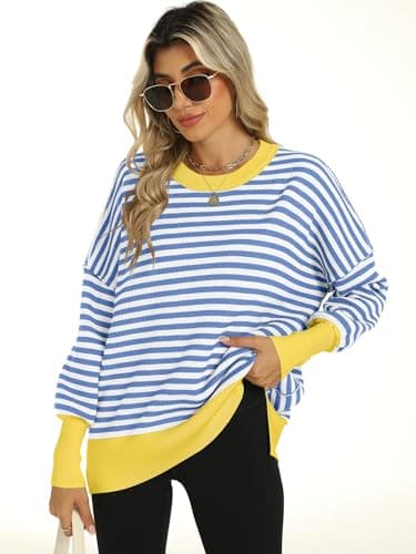 ANRABESS Women Oversized Sweaters Batwing Long Sleeve 2025 Fall Outfits Crewneck Casual Knit Side Slit Fashion Pullover Top Blue White Medium - Image 2