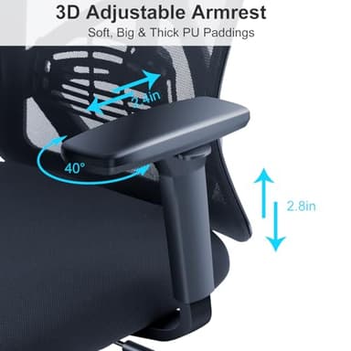 Ticova Ergonomic Office Chair - High Back Desk Chair with Adjustable Lumbar Support, Headrest & 3D Armrest - 130°Rocking Mesh Computer Chair - Image 4