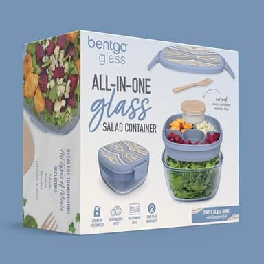Bentgo Glass Prints All-in-One Salad Container - 61oz Tinted Glass Salad Bowl with Lid, Bento-Style Tray, Sauce Container, & Reusable Fork - Dishwasher & Microwave Safe (Wildly Chic - Soft Blue) - Image 7