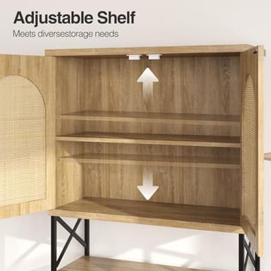 Rattan Bathroom Wall Cabinet, Boho Medicine Wall Cabinet with Double Doors and Adjustable Shelves, Tall Kitchen Wall Mounted Storage Cabinet, Floating Space Saver Over Toilet, Natural - Image 6