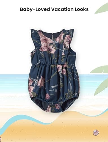 PATPAT Matching Family Outfits Mommy and Me Dresses Matching Set Casual Floral Print Spaghetti Strap Boho Belted Dresses Hawaiian Allover Navy Blue Floral Print Romper Dress Baby Girl 3-6 Months - Image 3
