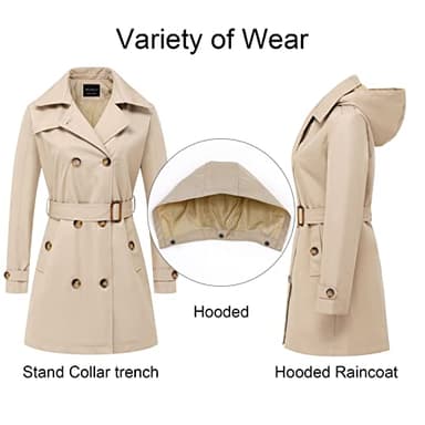 CREATMO US Women's Trench Coats Casual Double Breasted Spring Fall Long Trench Coat with Belt Khaki M - Image 3