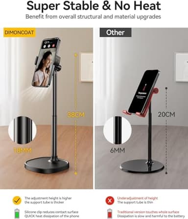 DIMONCOAT Phone Stand for Desk, Angle Height Adjustable Phone Holder for Desk, Aluminum Alloy Universal iPhone Holder, Retractable Cell Phone Stand Recording Office for iPhone 17 16 15 Pro Max Air - Image 3